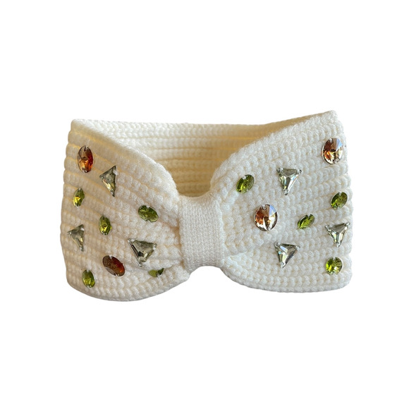 ANTHROPOLOGIE Cream Knit Crystal Embellished Autumn Weather 4" Head Warmer NEW - Picture 3 of 6